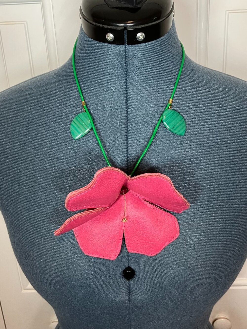 Handcrafted Pink Hibiscus Flower Leather and Gemstone Necklace - 20"L.